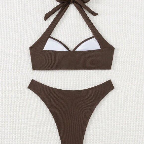 Coffee Brown Sexy Women's Beach Halter Neck Bra & Swim Bottom Bikini Set - Picture 4 of 8